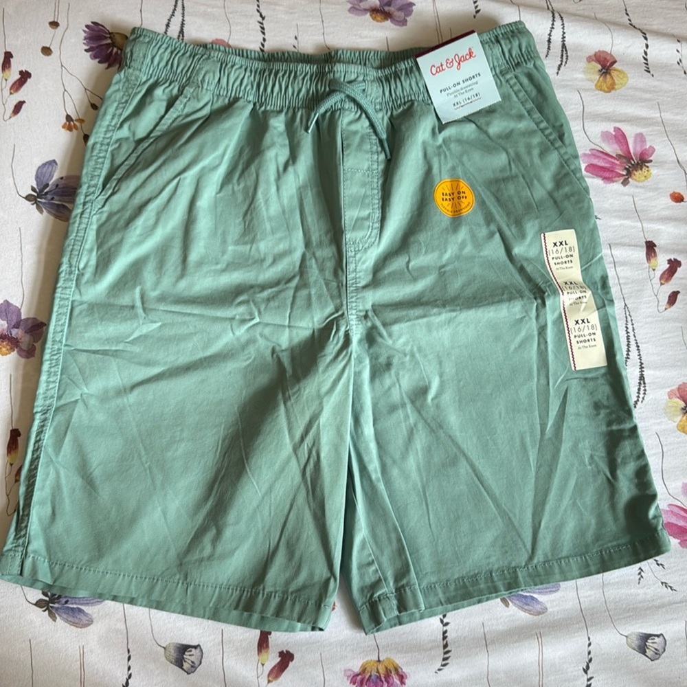 NEW Cat & Jack Boys Pull-On Drawstring Shorts Twill Cotton Sea Green XXL 16/18